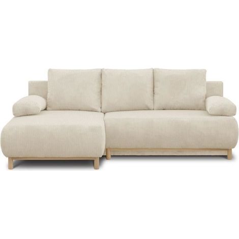 Canapé d'angle gauche convertible 3 places – Velours côtelé beige – Coffre de rangement – Couchage 130 x 210 cm – Design Japandi (1/8)
