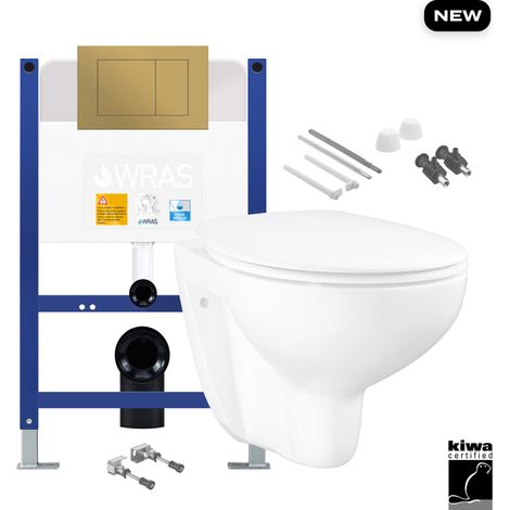 Gloss White Wall Hung Toilet with Low Height 0.75m Concealed Cistern Frame Set - Brushed Gold Plate (1/4)