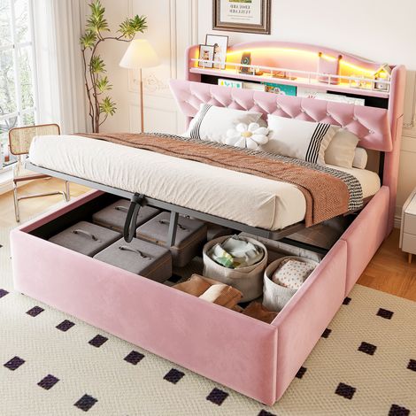 Letto contenitore 140x200 in velluto con LED, USB/USB-C e testiera con vani rosa OKMYHOME (1/5)