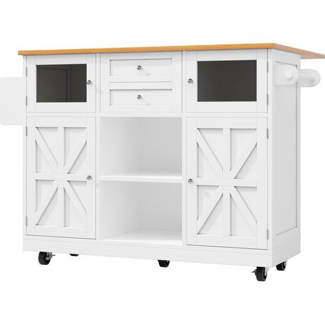 Îlot de cuisine mobile avec plan de travail en MDF, roulettes pivotantes et rangement ajustable blanc (1/5)