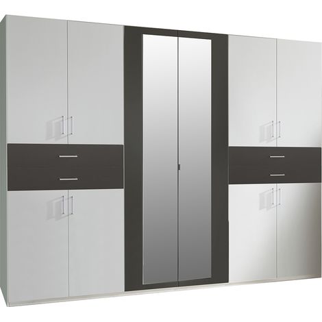 Kleiderschrank mit Spiegel, 270 cm breit modern in weiß mit graphit TREVISO-43 (1/4)