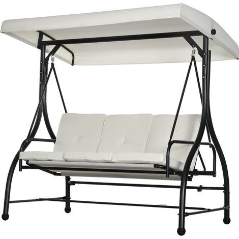 Dondolo Letto da Giardino 3 Posti con Tettuccio Regolabile 195x117x175 cm in Acciaio e Poliestere Crema e Nero