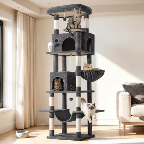 Yaheetech Albero Tiragraffi per Gatti XXL Alto 210cm 6 livelli Grigio Scuro 2 casette grande, 9 pali in sisal, piattaforma ampia, lunga amaca, cestino e giochi appesi per gatti taglia piccola/medi (1/5)