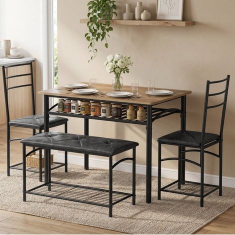 Set de mesa de comedor de 100x60 cm para 4 personas con banco y 2 sillas, almacenamiento, estilo industrial metal negro (1/5)