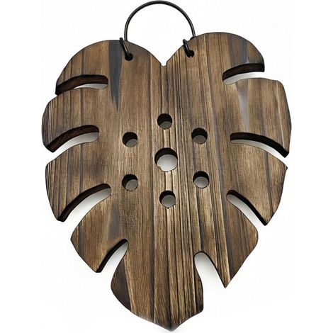Jardinière murale en bois avec motif de feuille Monstera, 8, 3 x 9, 4 pouces, anneau suspension (1/5)