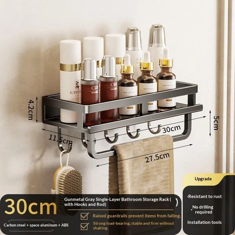 (Étagère grise de 30 cm) Support de salle de bain à ventouses sans perçage, étagère de salle de bain, étagère suspendue en aluminium, organisateur de salle de bain à accrocher au mur (1/5)