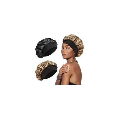 Bonnet de Soie pour Dormir, Satin Doux et Confortable, Noir, Imprimé Léopard (1/5)