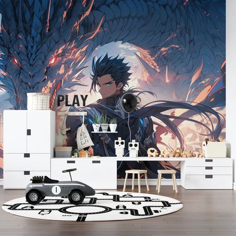 Papier Peint Fantastique - Guerrier et Dragon Bleu - 400 x 260 cm (1/2)