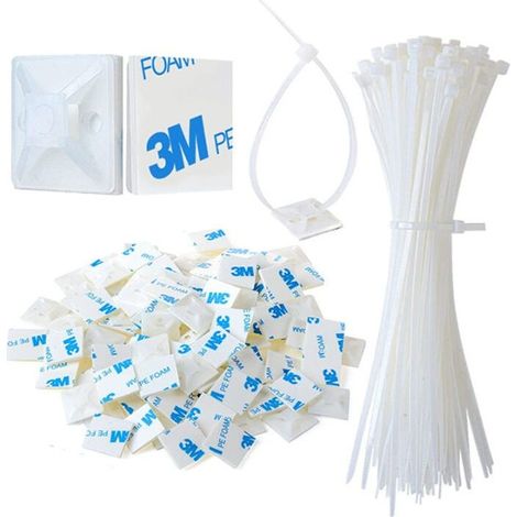 Kit de 100 attaches de câble blanches Carivent avec supports adhésifs pour câbles électriques, ordinateurs, plantes, garage et jardin (édition 2020). (1/5)