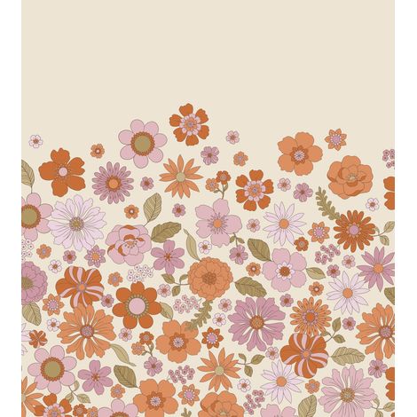 papier peint panoramique fleurs rétro violet et orange  - ESTAhome