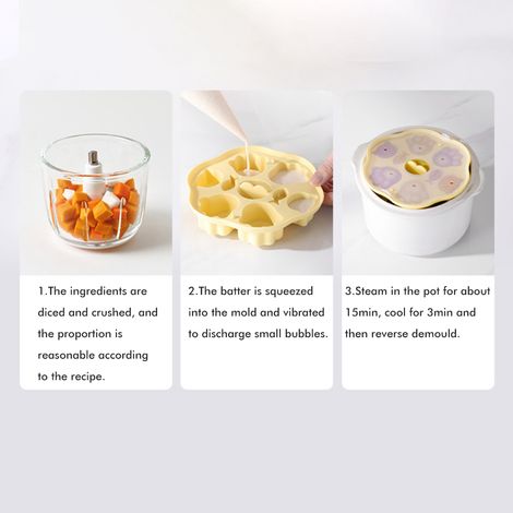 Moule à gâteau vapeur en silicone, ensemble d'outils pour la préparation de puddings et d'aliments pour bébés, moule à gâteau vapeur jaune + poches à douille (50 pièces) (1/5)