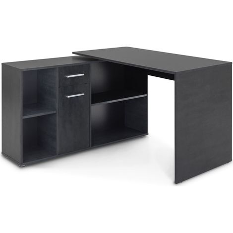Bureau d'angle CARMEN avec meuble de rangement, décor béton foncé