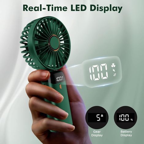 Mini ventilatore portatile, ricaricabile tramite USB, 5 velocità, schermo LED, pieghevole, silenzioso, per ufficio, camera da letto, uso esterno e viaggi, verde - ALTRO (1/4)