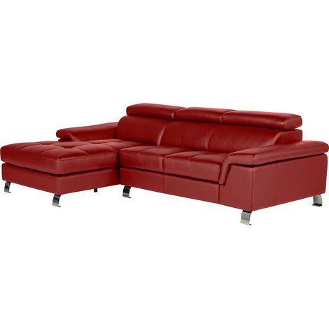 Vente-Unique – Canapé d'angle cuir MISHIMA 4 places – Rouge – Angle gauche – 3 têtières relax ajustables – Cuir de vachette haut de gamme (1/5)