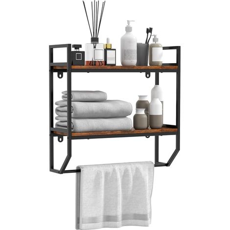 GOPLUS étagère de Rangement Murale, étagère Flottante à 2 Niveaux avec Porte-Serviettes, étagère Murale Industrielle avec Structure en Métal, pour Chambre à Coucher, Cuisine, Salle de Bain (1/5)