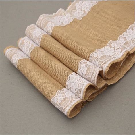 Chemin de table - Lot de 3 - Toile de jute et dentelle - 30 x 275 cm - Marron et rose - Style Campagne (1/4)