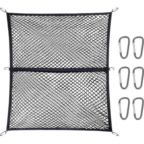 Double Couche Filet de Chargement Elastique, 120x120cm Filet de Coffre Extensible 2.1x2.1m avec 6 Metall Crochets Filet à Bagages Organisateur Filet de Rangement pour Camions, SUV (1/5)