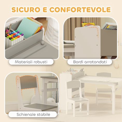 Table enfant et chaises gris/blanc en bois, set 2 sièges + table avec rangement, mobilier de jeu bébé en non-tissé