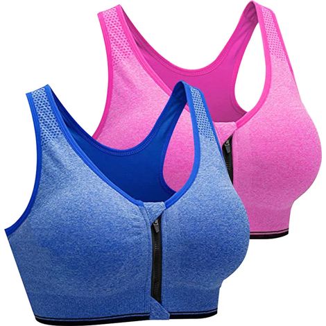 Soutien-gorge de sport pour femme avec fermeture éclair sur le devant, sans armatures, post-opératoire, soutien-gorge de sport Active Yoga, taille L, rose rouge + bleu roi (1/5)