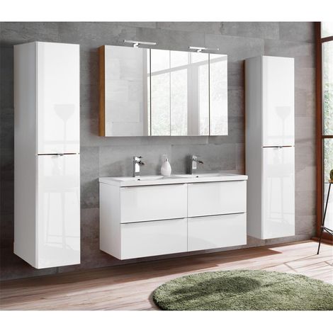 Badmöbel Set mit Doppel-Waschtisch inkl. Keramik-Doppelbecken TOSKANA-56 Hochglanz weiß BxHxT ca. 230/190/46cm (1/5)