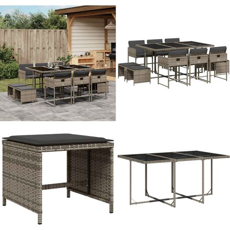 11-tlg. Garten-Essgruppe mit Kissen Grau Poly Rattan - Gartenmöbel Set - Gartentisch - Gartenstühle - Gartenhocker - Rattan Möbel - Home & Living (1/5)
