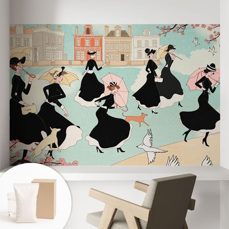 Papier peint intissé mural avec imprimé pour décoration pour salon pour chambre à coucher pour entrée Femmes en promenade 104x70 cm (1/5)