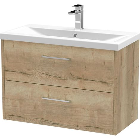 Winshill Contemporary 2 Drawer Wall Hung Vanity Unit with Mid-Edge Basin, Light Oak, 800mm