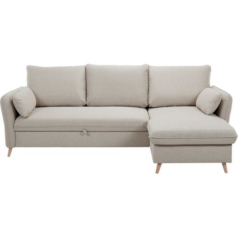 Sofá de esquina convertible reversible con arcón 3-4 plazas en tejido beige y madera clara DRISS