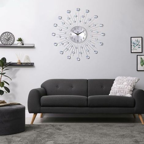 Horloge Murale Argenté Geante avec Strass, Metal Silencieuse Pendule Murale Moderne Nordic Décoration, Créative Design pour Salon Chambre Bar 56cm