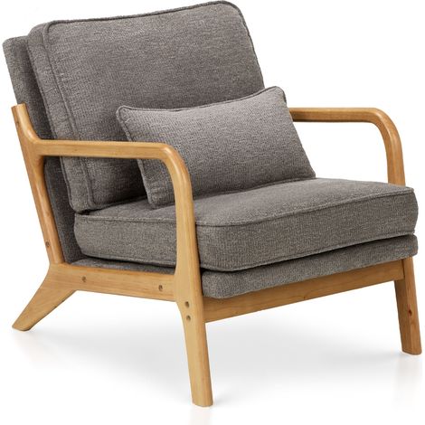 COLAMY Loungesessel mit Lendenkissen, Mid-Century Sessel mit Massivholzrahmen, Grau