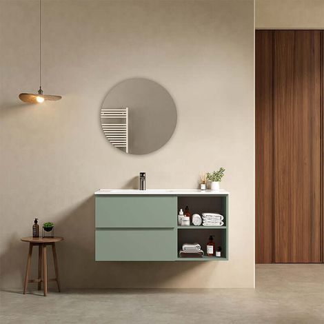 Mobile bagno sospeso 100 cm Verde Salvia Lavabo a Sinistra in Ceramica Specchio Tondo - Fiji Paint Plus (1/4)
