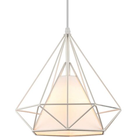 E27 Lustre Suspension Vintage Lampe Suspension Abat-jour Forme Diamant Éclairage de Plafond en Métal et Tissu Ø25CM Blanc - 1Pcs (1/5)