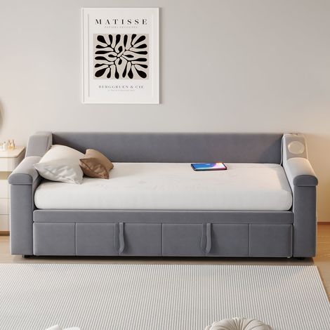 Canapé lit 90180x190 cm , velours gris, accoudoirs larges, bluetooth stéréo, usb, sommier inclus (1/5)