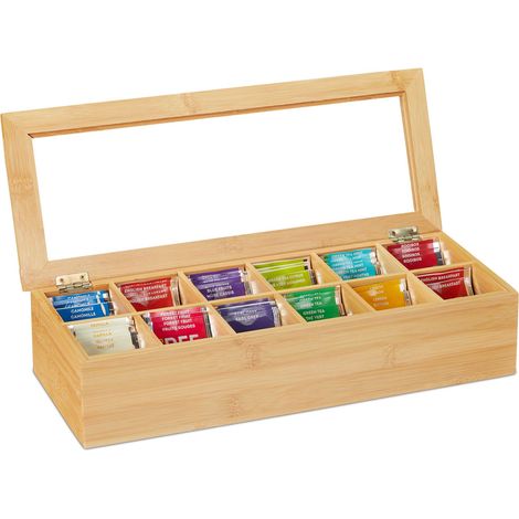 Relaxdays Tea Box, 12 Compartments, Organiser Chest, H x W x D: 9 x 41 x 16 cm, Bamboo, Natural
