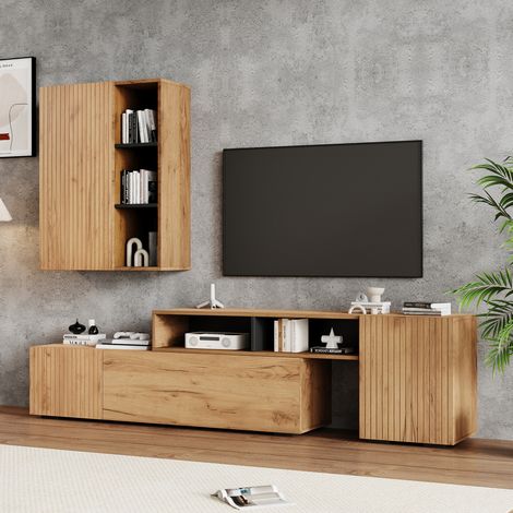 Mueble para TV (174-265x35x53.5 cm), con almacenaje, montaje en pared o suelo, madera y negro (1/5)