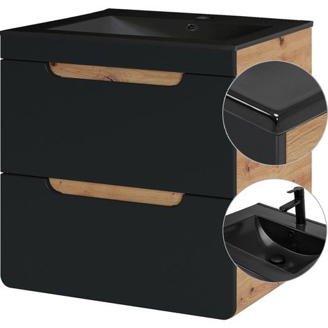Waschtischunterschrank 61 cm inkl. Keramikbecken schwarz NEW-LUTON in seidenmatt anthrazit mit Wotan Eiche Nb., B/H/T ca. 61/61/46 cm (1/5)