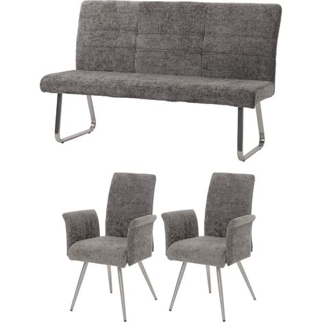 Set de salle à manger HHG-219, set de 2 chaises avec accoudoirs+banc 160cm, inox brossé tissu/textile chenille, gris foncé