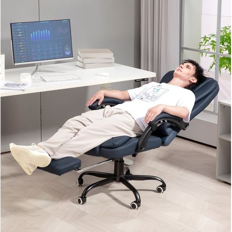 Sillón de oficina 67x67x111-121 cm azul en cuero sintético con masaje, reposapiés y respaldo reclinable (1/5)