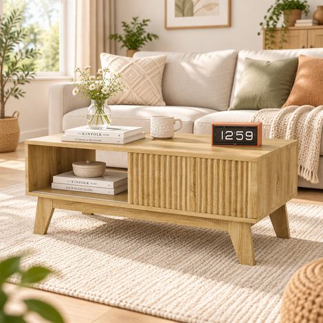 Table Basse Salon en Bois avec Rangement, Table de Salon Moderne avec Compartiment Ouvert et Porte Coulissante - 95x41x48 cm (1/5)