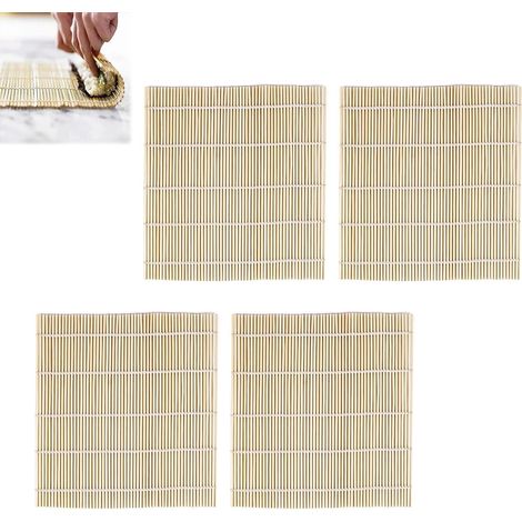 Tapis à Sushi,Sushi Roll Mat Bamboo Naturel,Plateau à Sushi Réutilisable en Bambou,Tapis à Sushi Lavable,Outils pour Faire des Sushis,Tapis à Sushi en Bambou 24 x 24cm 4 Pièces (1/5)