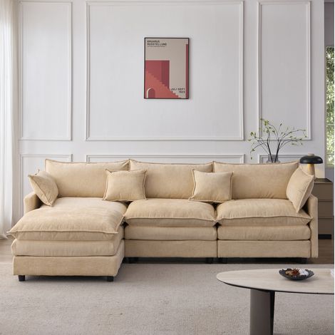 Modulares 3-Sitzer-Chenille-Ecksofa mit Chaiselongue und Pouf OKWISH (1/5)