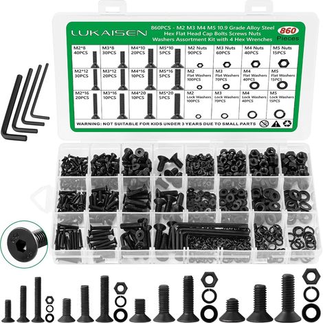 Kit d'Assortiment de 860 Pièces de Boulons Hexagonaux Métriques Noir Oxyde - Vis à Tête Cylindrique Six Pans Creux M2 M3 M4 M5, Écrous, Rondelles Plates et Grower avec 4 Clés - Acier Allié Grade 10.9 (1/5)