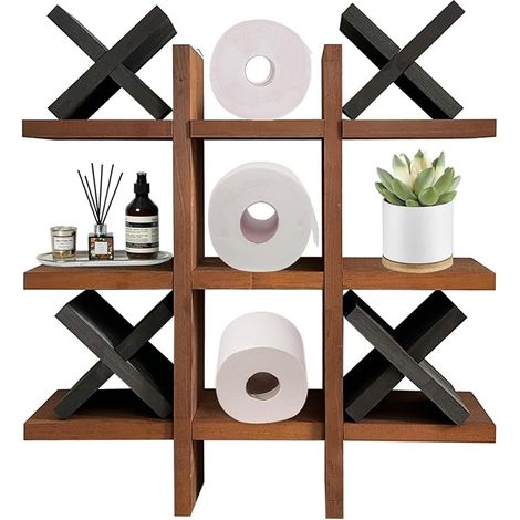 Rustic Wooden Toilet Paper Holder, Hanging Storage Shelf, Wall Mounted Freestanding Shelves, Wall Decoration (1/5)
