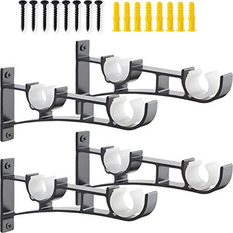 Support mural pour tringle à rideau double en métal robuste, 4 supports de fixation au plafond, patères lourdes pour rideaux, kit de 4 pièces pour tringle à double voie (1/5)