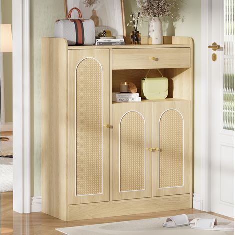 REDOM - Zapatero - 90x35x110 cm - 3 puertas y 1 cajón - estantes ajustables - MDF y tableros de partículas - natural (1/5)