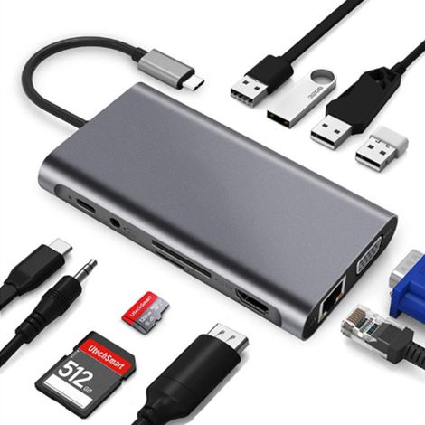 Docking Station Type-C - 11 Ports - HDMI 4K - VGA - RJ45 Gigabit - USB 3.0 - Audio Mic - SD MicroSD - Pour MacBook Pro Air