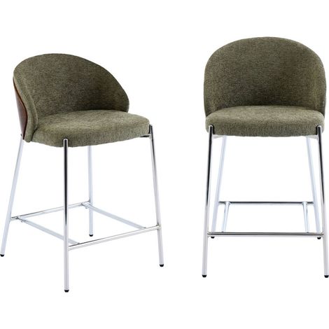 sweeek - 2er-Set Barhocker aus Pappelholz nussbaumfarben, und verchromten Stahl mit strukturiertem Stoffbezug (1/5)