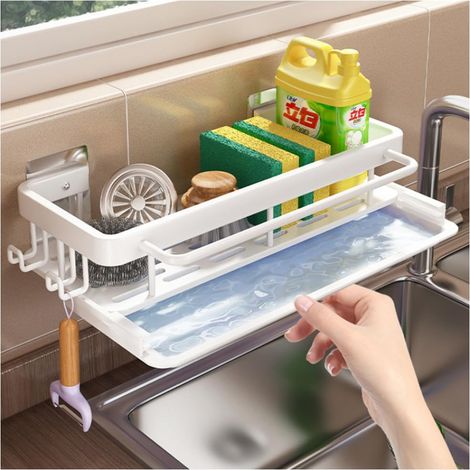 Étagère murale pour évier de cuisine, sans perçage, porte-éponge pour évier bien rangé, organiseur de vaisselle avec plateau d'égouttement  (blanc) (1/5)