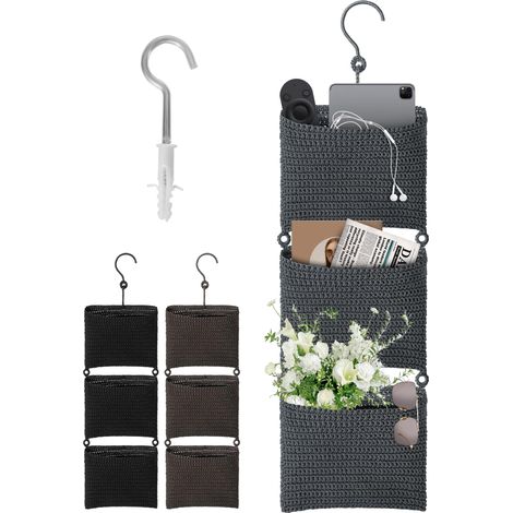 Panier mural suspendu à 3 niveaux avec crochets pour magazines, organisateur décoratif, décoration bohème pour chambre d'enfant, salon, chambre, salle de bain, gris (1/5)