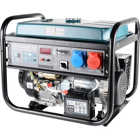 Generanor de ganolina KS 10000E-1/3 con un sistema de cambio de fasis VTS de potencia Maxima 8000W, arranque manual/electrico, 1x16A (400V), 1x32A (230V), 12V, regulanor de voltaje Automatico (AVR), indicanor de bano nivel de aceite, proteccion ante sobrecargasiy cortocircuitos, pantalla (frecuencia, voltaje, contanor de motohorasi, bobinano 100% de cobre (1/4)